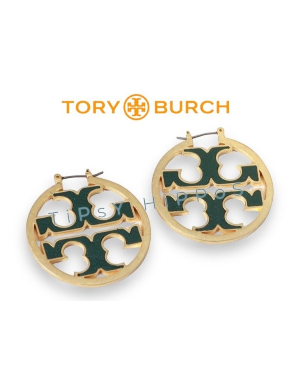 Authentic Tory Burch Miller Hoops in Hunter Green and Gold